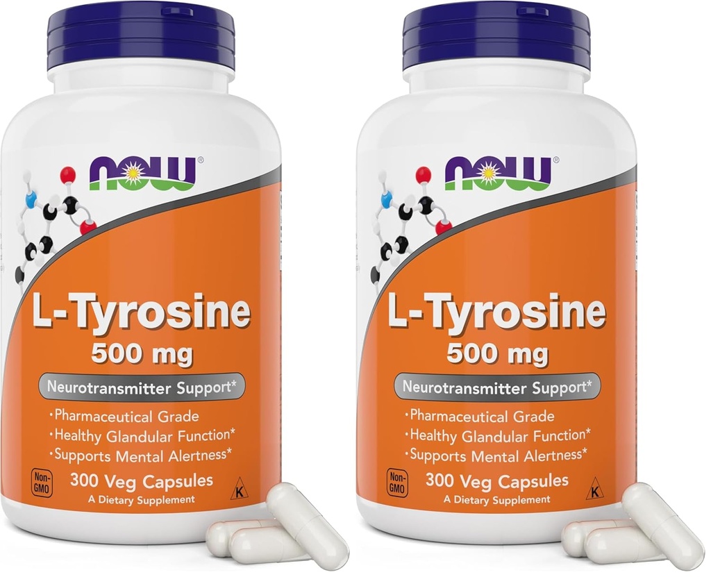 MAINTENANT Aliments L-Tyrosine 500mg, 300 Capsules - Non OGM - Soutient l'alerte mentale - 500 mg Caps - Supplément de forme libre (paquet de 2)