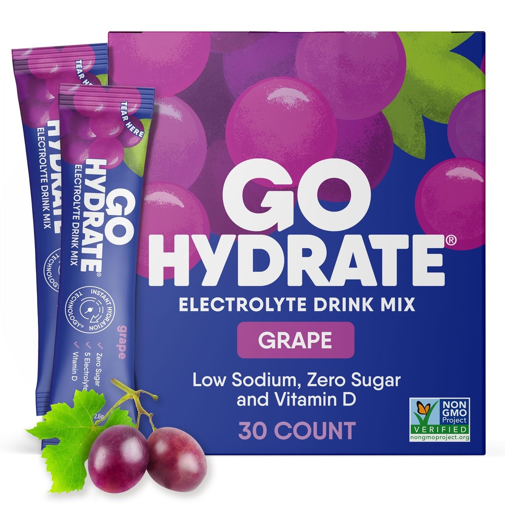 GoHydrate Powder Packets d'hydratation instantanée - faible teneur en sodium électrolytes boisson mélange - Natural Hydratation Support, sans sucre électrolyte boisson en poudre aromatisée avec vitamine D, 30 paquets, raisin