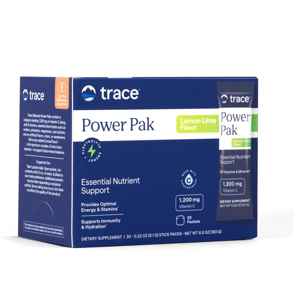 Trace Minerals Power Pak Multivitamin and Multimineral Packets - Electrolyte Support - 1200 mg Vitamin C plus 70+ Trace Minerals - Lemon Lime Flavor - 30 Packets