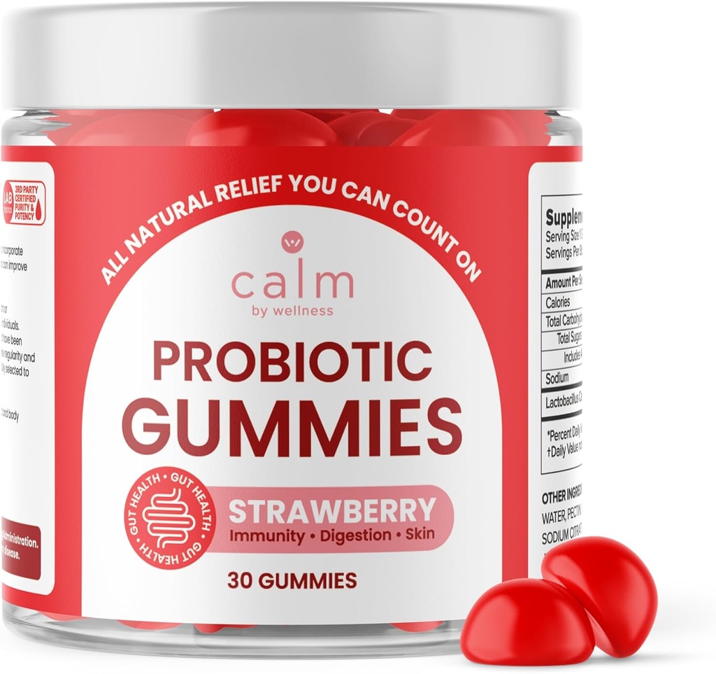 Calm by Wellness Probiotic Gummies, Saveurs de fraises, Probiotiques végétaliens tout-naturels pour adultes, 10 milliards d'UFC, Probiotique pour la régularité digestive, l'immunité, la santé de la peau et la santé de la peau