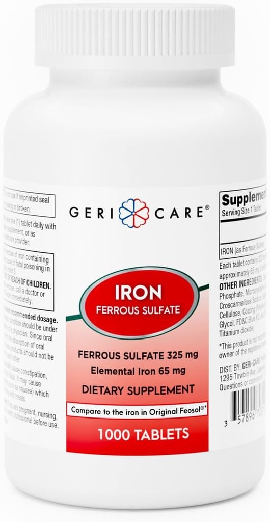 Comprimés de sulfate ferreux GeriCare 325mg, supplément de fer élémentaire 65 mg de fer à haute puissance.