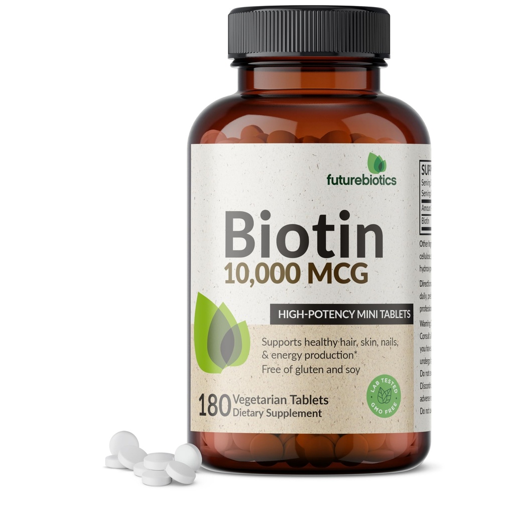 Futurebiotics Biotine 10 000 MCG Comprimés haute puissance soutient la production de cheveux, de peau et d'ongles et d'énergie sains, non OGM, 180 comprimés végétariens