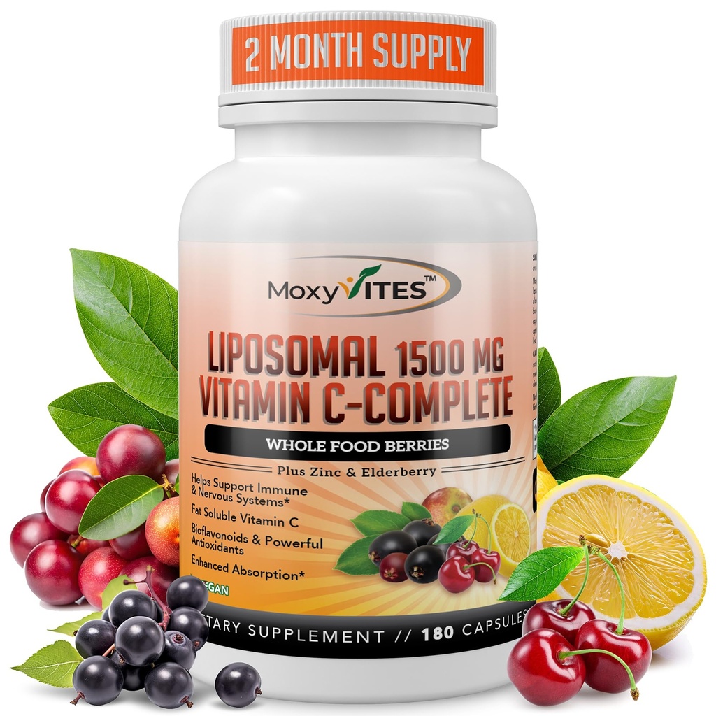 Vitamine C liposomique avec capsules de zinc - Vit C Elderberry biologique, Amla, Camu Camu- Vitamine C Absorption élevée, anti-vieillissement, support immunitaire,1500mg/serviture 3 mois d'approvisionnement sans gluten sans OGM