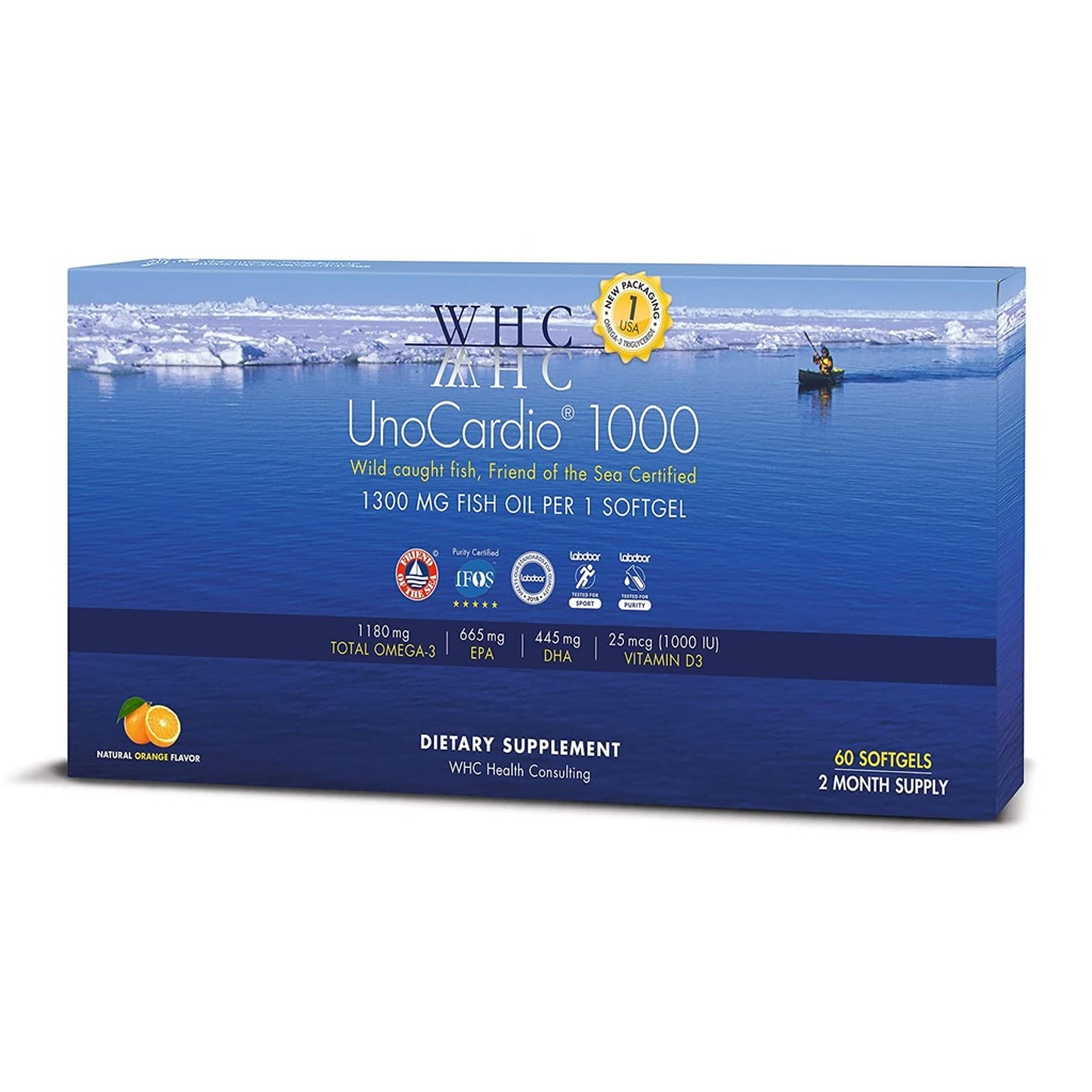 WHC, UnoCardio 1000 Huile de poisson, 1300 mg d'huile de poisson de triglycéride pure avec Oméga-3 (1180 mg), 665 mg EPA et 445 mg DHA et 25 mcg (1000 UI) Vitamine D3 par softgel, Orange naturel, 60 softgels