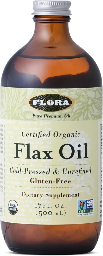 Flora - Flax-Öl - Kaltgepresstes, ungerafftes, organisches Flax Seed-Öl - Enthält Omega-3 & Omega-6 - Non-GMO & Gluten-Free - Halten Sie Chilled - 17 fl. oz. Amber Glasflasche