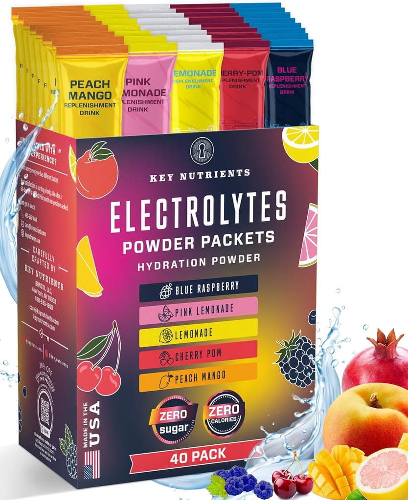 KEY NUTRIENTS 40 Pack Multivitamin Hydration Packets - 5 Delicious Flavors - Elektrolyte Pulver-Packets kein Zucker - keine Kalorien, Glutenfrei, Keto - 40 Servierungen - Made in USA
