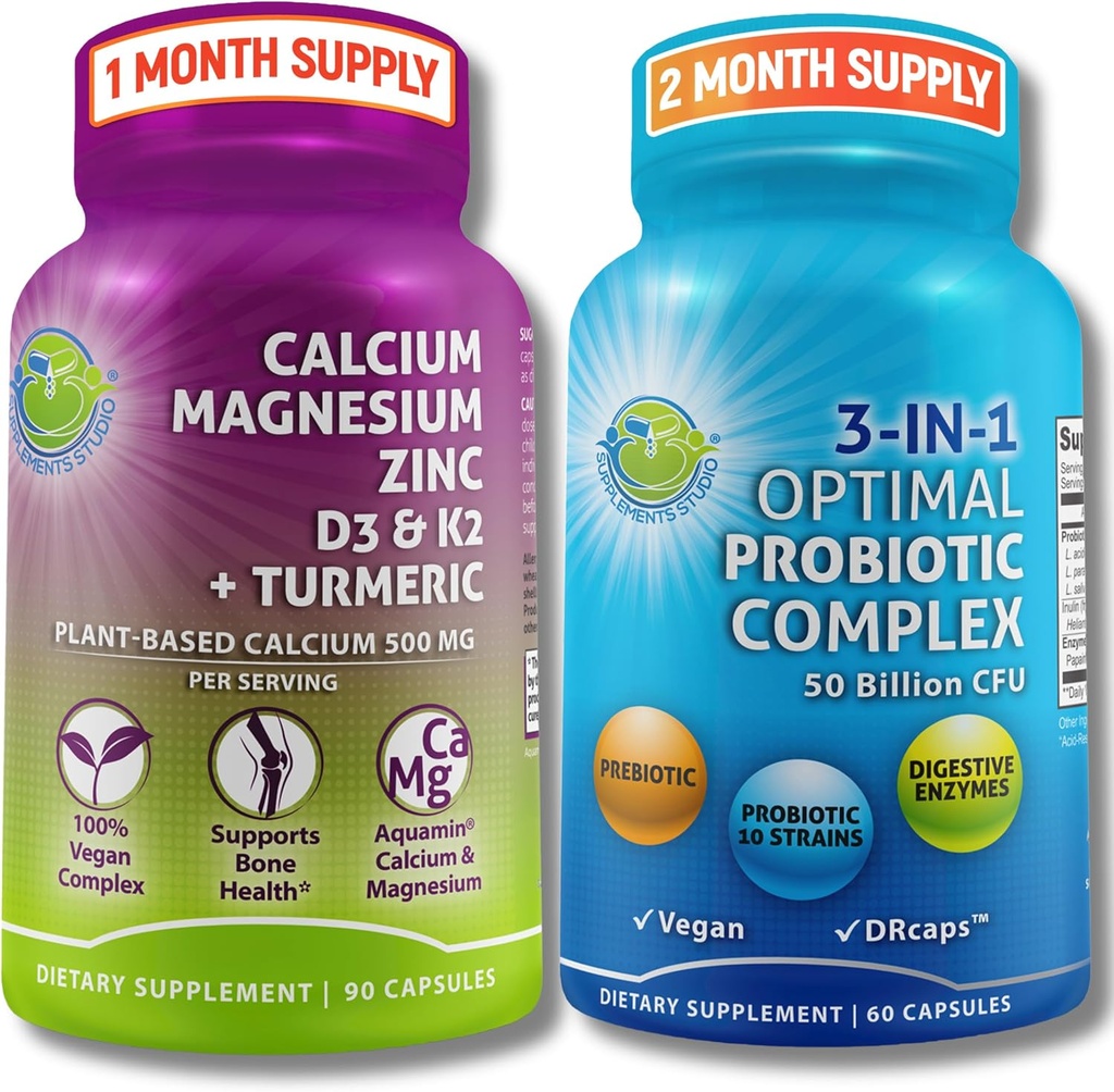 Bone Health & Gut Support Bundle – 3-in-1 Probiotic 50 miliardi di CFU, Enzimi prebiotici e digestivi + Calcium basato sulle piante, Magnesio, Zinco, D3, K2 & Organic Turmeric – Vegan, Non OGM, Etichetta pulita