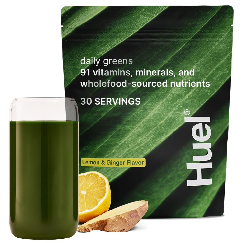 Huel Daily Greens Lemon & Ginger | Superfood Greens Powder | 91 Vitamine, Mineralstoffe und ganznahrungsquellende Inhaltsstoffe | Adaptogene, Antioxidantien, Gut-Friendly Probiotics | 30 Servierungen
