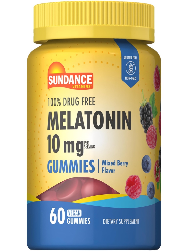 Sundance Melatonin 10mg Gummi für Erwachsene | 60 Count | Mixed Berry Flavor | Vegan, Non-GMO und glutenfreie Ergänzung