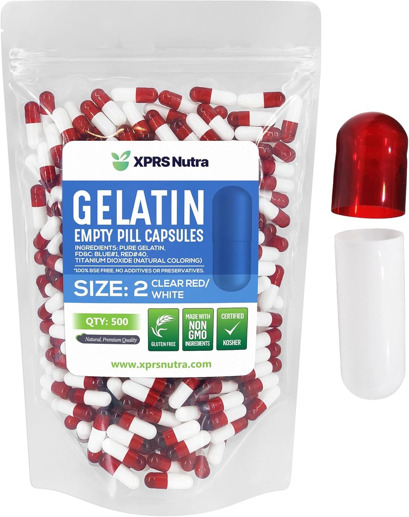 XPRS Nutra Größe 2 Leere Kapseln - 500 Graf Leere Gelatine Kapseln - Pillen DIY Kapsel Füllung - Pure Bovine Pill Gel Kapseln für Do-It-Yourself Ergänzungen (Clear Red/White)