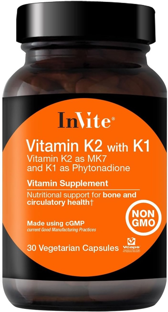 Invitare la vitamina K2 con K1 - Supporta la salute di ossa e circolatorio - Vitamina K2 come MK7 e K1 e Phytonadione - 30 capsule vegetariane