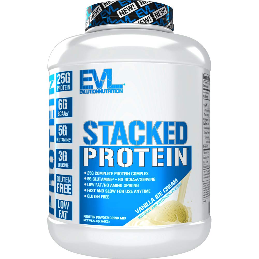 Évlution Nutrition Protéine empilée Poudre de protéines avec 25 grammes de protéines, 6 grammes de BCAA et 5g de glutamine (Vanilla Ice Cream, 5 LB)