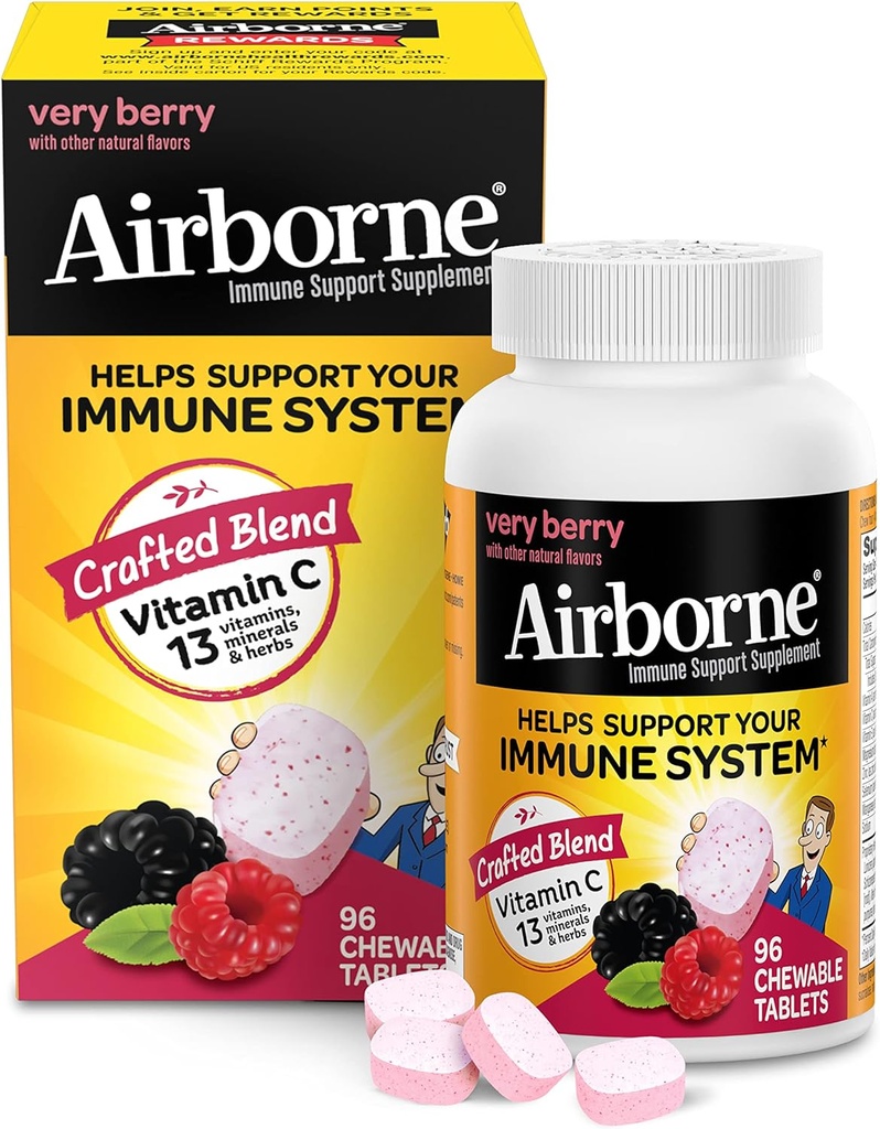 Comprimés à croquer 100 mg de vitamine C avec du zinc, supplément de soutien immunitaire avec des antioxydants puissants Vitamines A C & E - 96 Comprimés à croquer, Saveur très baie