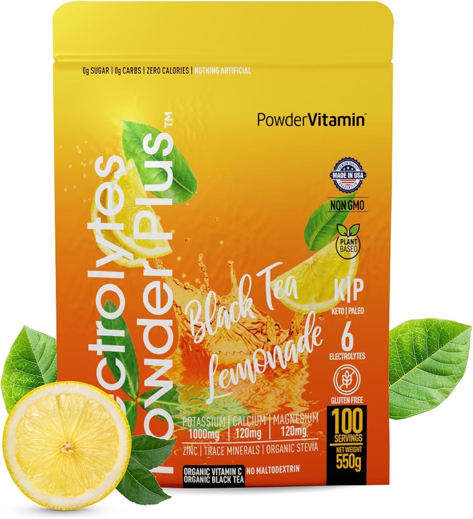 PolvereVitamin Electrolytes Powder Plus (100 Servings) Limonata di tè nero Polvere elettrolitica Calorie Zero Keto,0 Zucchero, No Maltodextrin, 1000mg Potassium, 120 mg di calcio, 120 mg di magnesio, polvere di idratazione