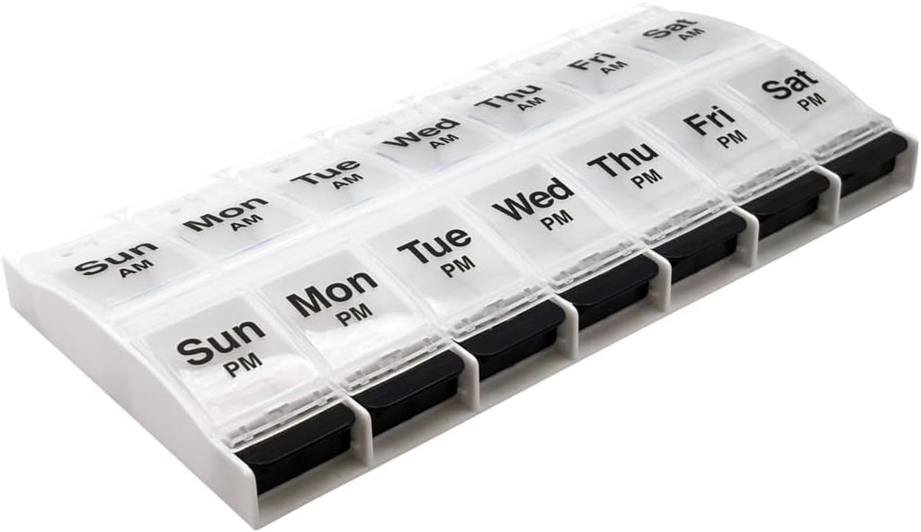 EZY DOSE Pulsante di spinta (7-giorni) Caso di pillola, Medico Planner, Vitamin Organizer, 2 volte al giorno, AM/PM Container, X-Large Comparti, Artrite Friendly, Facile da usare, Chiaro / Nero, BPA Free