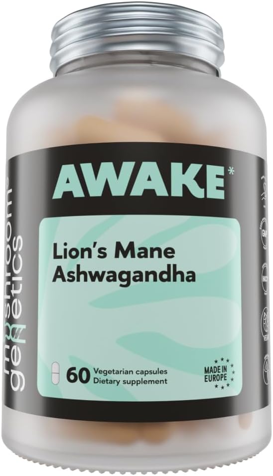 Mushroom Genetics Lions Mane & Ashwagandha Supplemento Capsule - Nootropic Mushroom for Brain, Memory & Stress Relief | Fruiting Body & Ashwagandha Root for Focus, Energy & Wellness | 60 Capsule