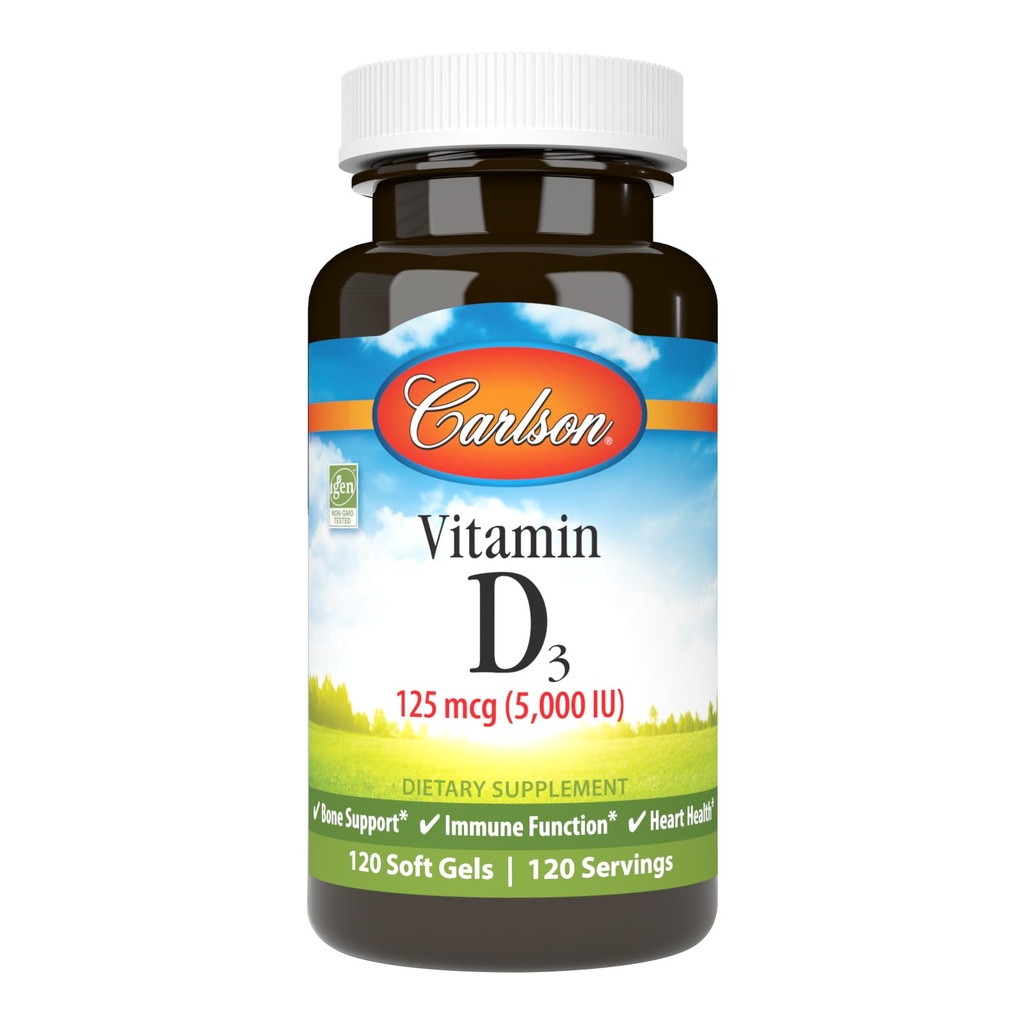 Carlson - Vitamin D3 5000 IU (125 mcg), Knochengesundheit, Muskelgesundheit, Cholecalciferol, Vitamin D Nahrungsergänzungsmittel, Vitamin D3 Weichgele, 120 Weichgele