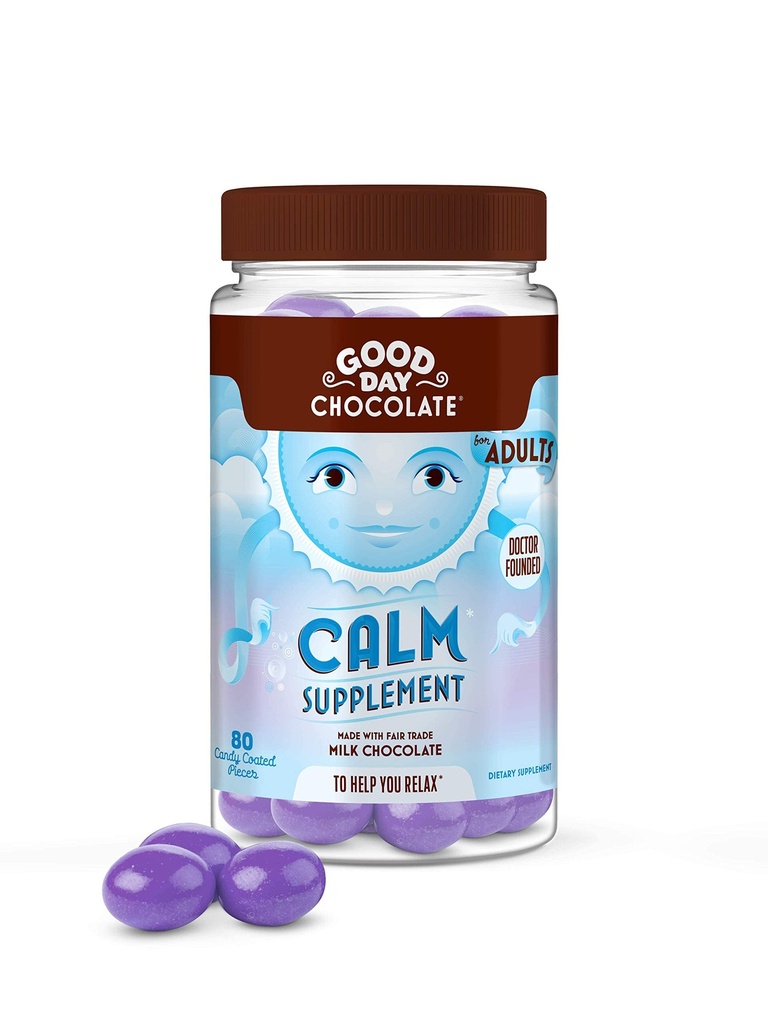 Buona giornata cioccolato naturale calmante supplemento per adulti, miscela di camomilla, teanina, magnesio, commercio equo e non OGM cioccolato, 80 pezzi