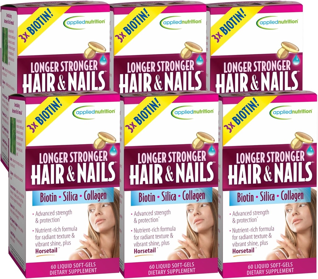 Nutrition appliquée Cheveux et ongles plus forts - 60 liquides doux-gels, paquet de 6 - Biotine, Silice et collagène - 180 portions