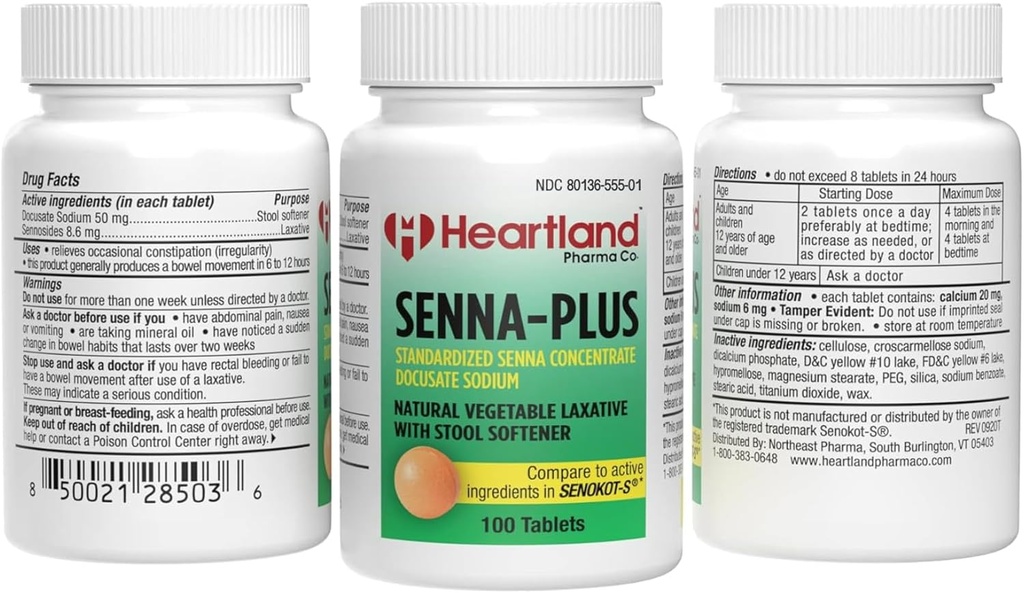 Senna-Plus Natürliche Gemüse Sennoside Laxative | Natürliche Gemüse Laxative | Gentle Overnight Constipation Relief | Docusate Sodium Stool Softener | 100 Tablets