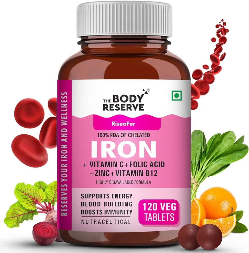 Iron Plus pour les femmes (à base de plantes, de fer chélaté, d'acide folique, de VIT C, B12, B9, d'épinards, d'extrait de betterave) - Haute absorption, soutient la construction de sang, l'énergie et l'immunité, 100% RDA, 120 comprimés