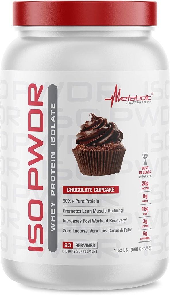 Metabolic Nutrition Whey Protein Isolate ISO PWDR Chocolate Cupcake, 1.54lb, 23 Servings, 26g Protein, Fast Digesting, Zero Carbs, Delicious Flavor, Very Low Carbs & Fat, Zero Lactose