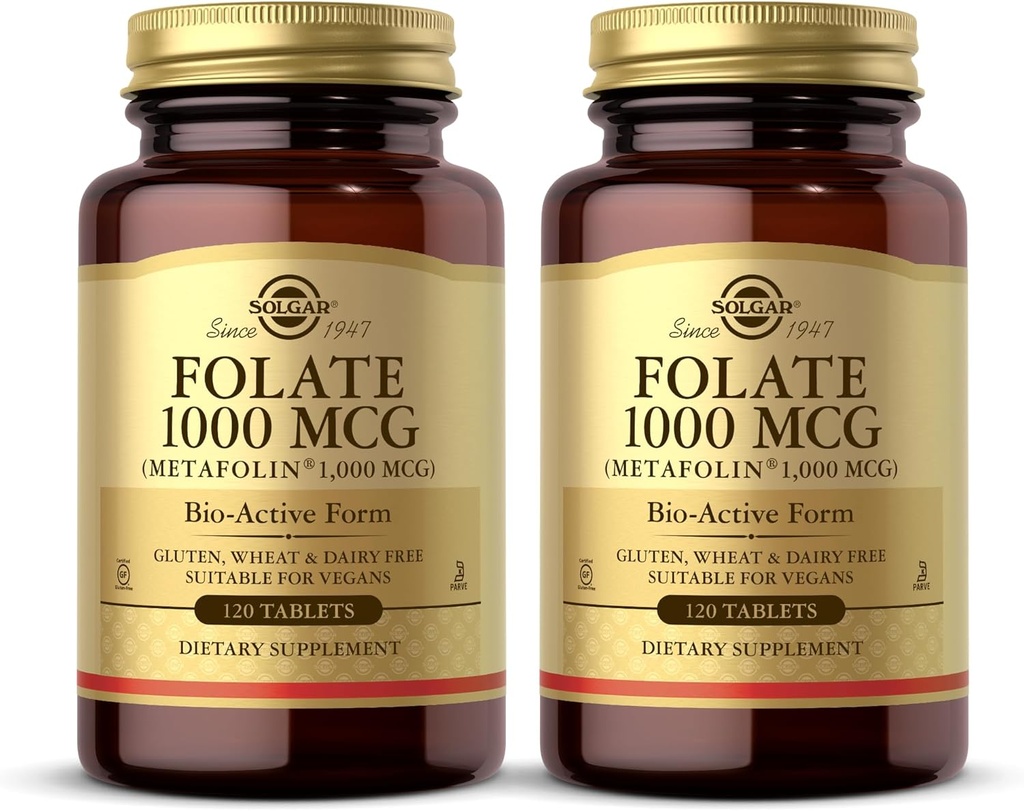 Solgar Folate 1000 mcg - 120 compresse, 2 Pack - 1000 mcg Bio-Active Metafolin - Vegan, Gluten Free, Dairy Free, Kosher - 240 Total Servings
