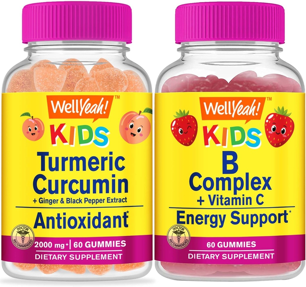 WellJa Kurkuma Kinder + B Complex Kinder, Gummie Bundle - Große Verkostung, Vitamin-Ergänzung, Glutenfrei, GMO frei, Kaugummi