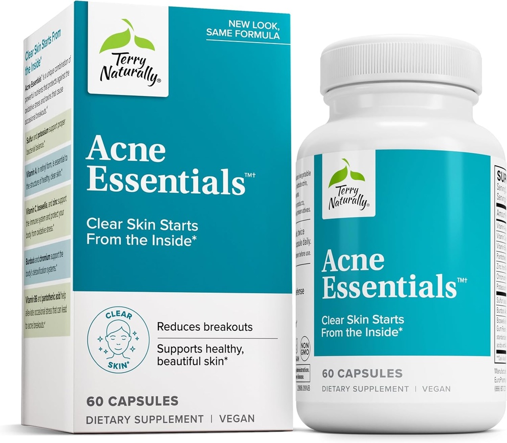 Terry Naturally Acne Essentials - Supporto per la pelle chiara - Supplemento con vitamine A, C & Zinc - Integratore per l'acne occasionale - 60 capsule (60 Serve)