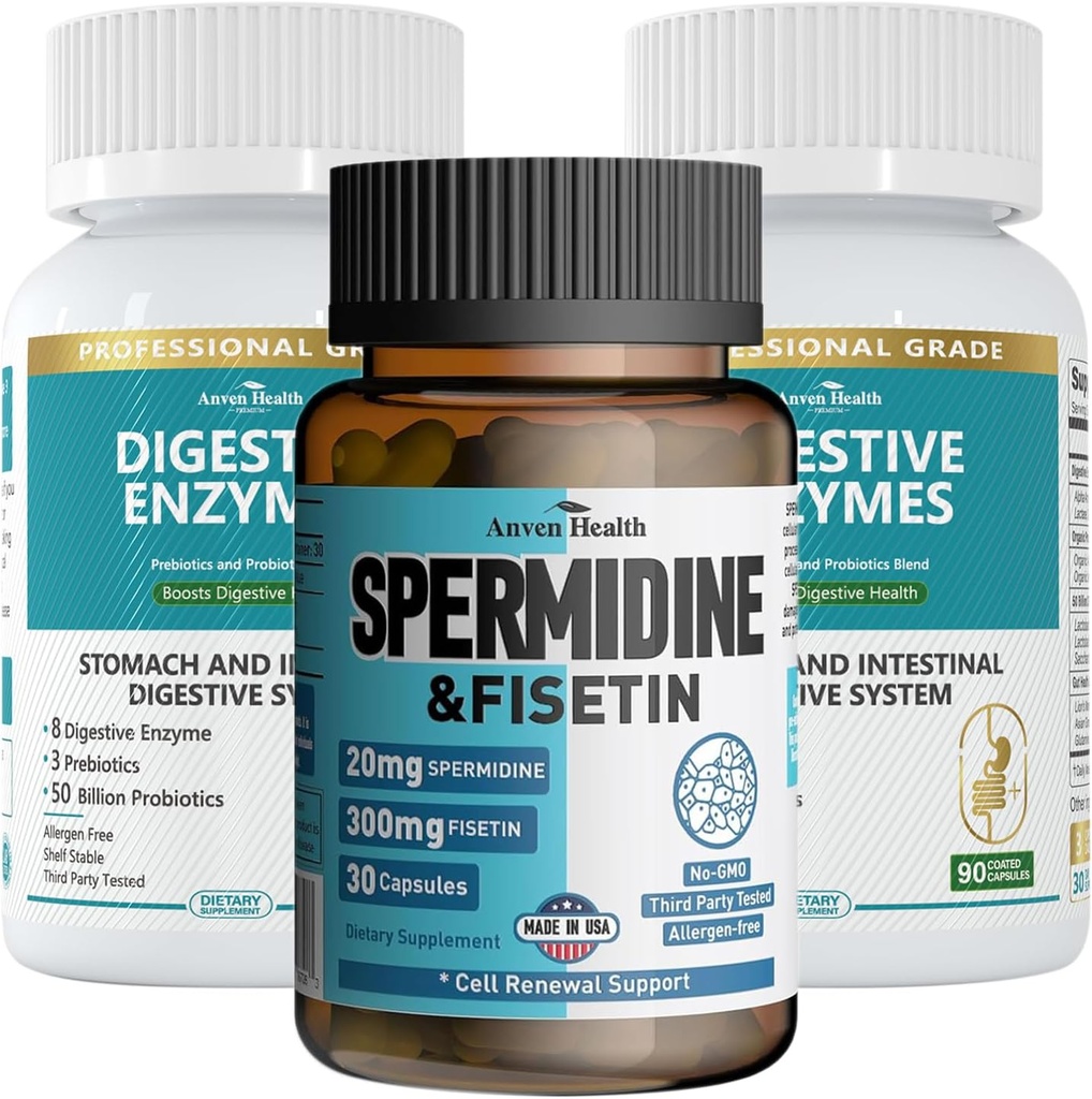 Spermidina & Fisetin Longevity Bundle: 20 mg Spermidina + 300 mg Fisetin + Enzimi digestivi per la salute del fegato – Difesa dell'invecchiamento, Rinnovamento cellulare e sollievo digestivo per gli uomini e le donne