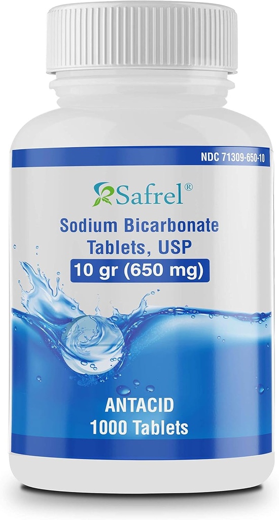 Safrel Sodium Bicarbonate Antiacid 650 mg (10 Grain) 1000 compresse | per il sollievo dell'indigestione acida, bruciore di stomaco, stomaco acidulo e stucco di | pacchetto di risparmio di valore