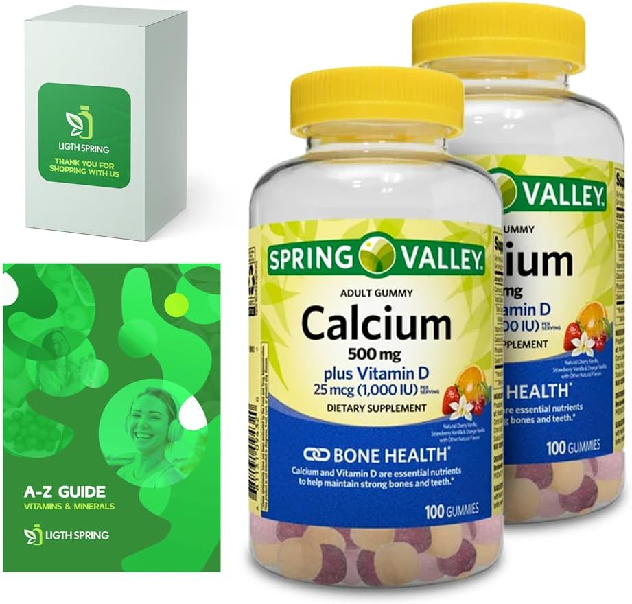 Kalzium Plus Vitamin D, Adult Gummies, 500mg, 1000 IU, sortierte Flavors, 100 Ct (2 Pack) Bundle mit exklusiven Vitaminen & Minerals - A bis Z - Bessere Light&Spring Guide (3 Artikel)