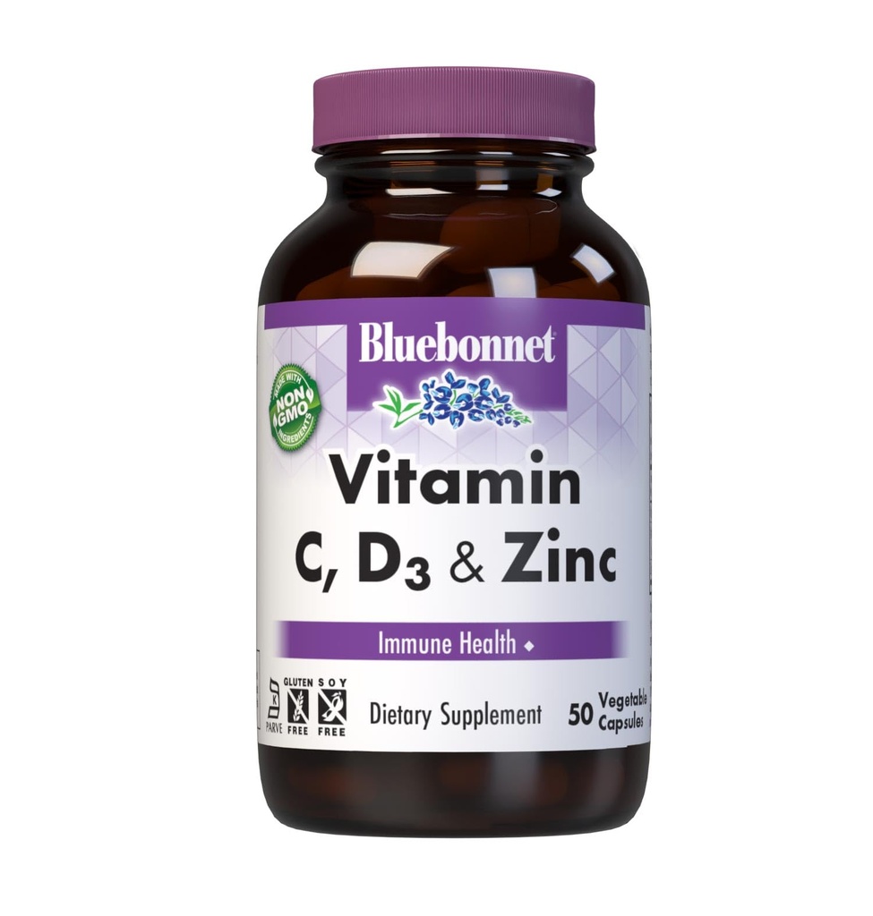 Vitamina C, D3 & Zinc, Salute Immune*, Non OGM, Kosher Certificato, Senza Glutine, Senza Soia, Senza Latticini, 50 Capsule Vegetali, 50 Serve