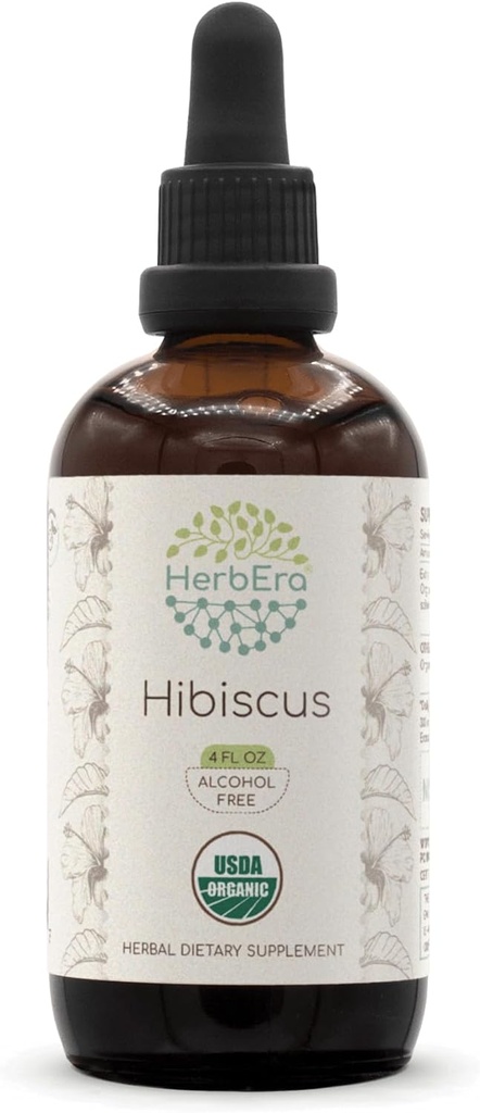 HerbEra Hibiscus B120 USDA Organic Tincture | Alkoholfreier Extrakt, hochwirksame Kräutertropfen | Certified Organic Hibiscus Sabdariffa Getrocknete Blume (4 oz)