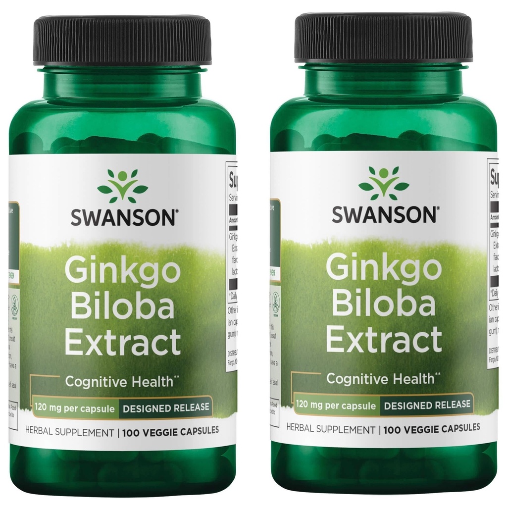 Swanson Ginkgo Biloba Extract Standardized Delayed-Release Memory Brain Cognitive Function Health Supplement 120 mg (24% Flavone Glykoside, 6% Terpene Lactons) 100 Veggie Drcaps (2 Pack)