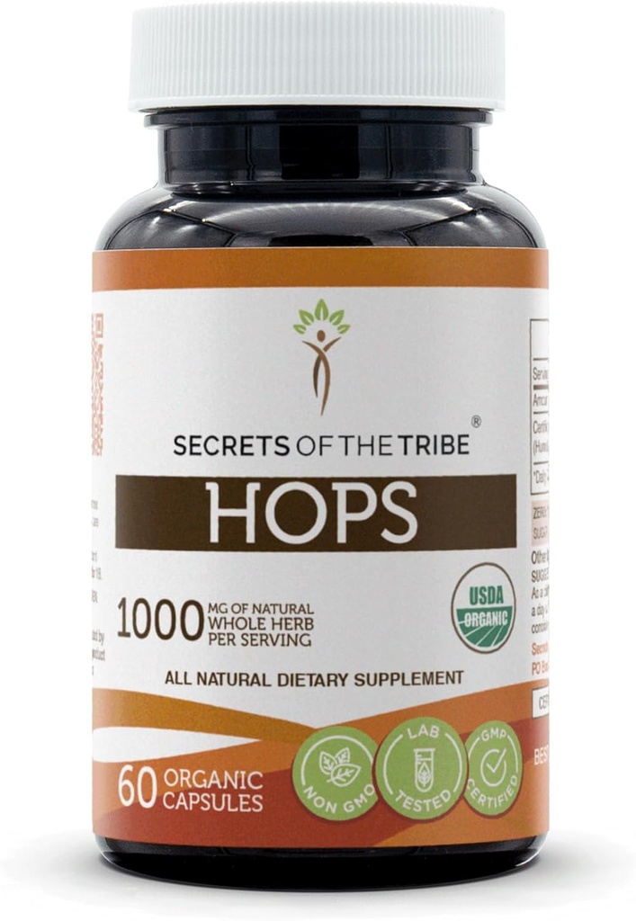 Segreti della Tribe Hops USDA capsule organiche | Capsule vegetariani biologici certificati, supplemento dietetico | Humulus lupulus Dried Flower (60 Conte)