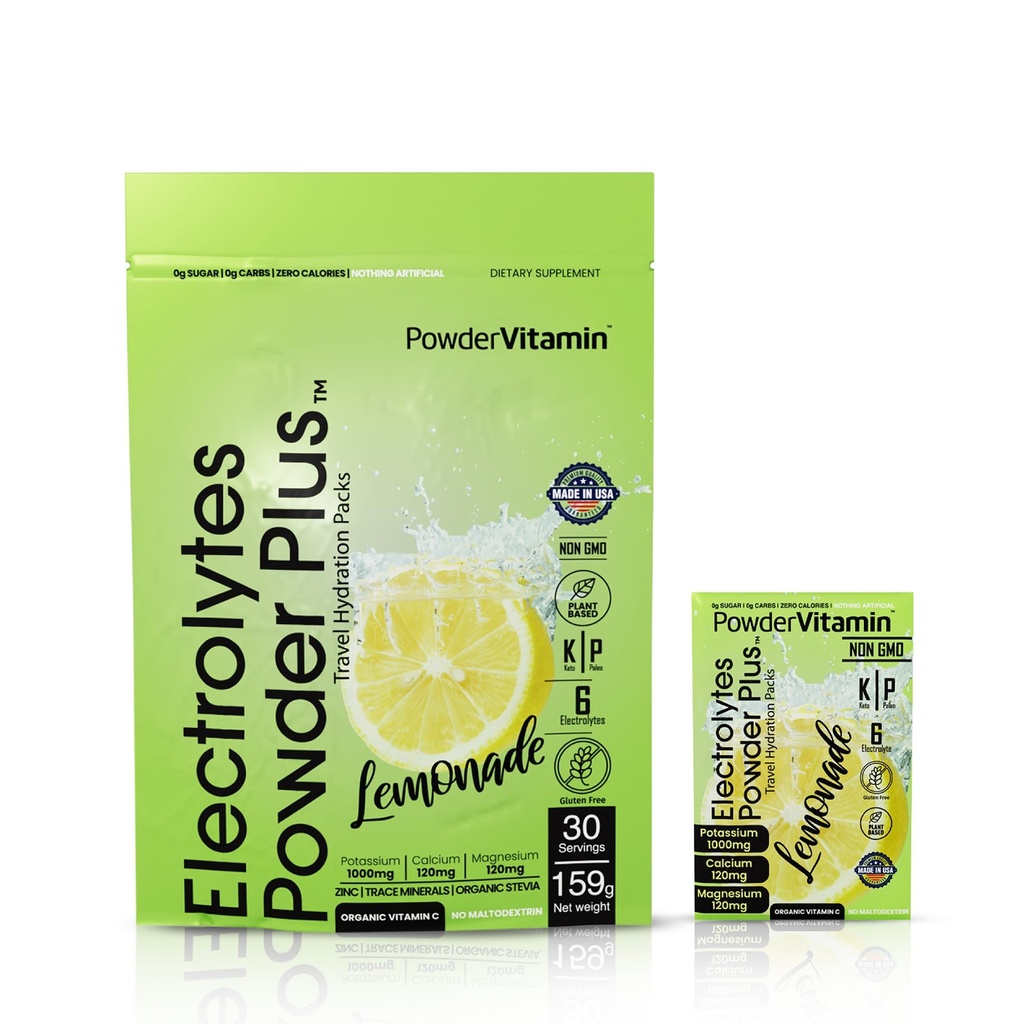 PolvereVitamin Electrolytes Powder Plus, Keto, Limonata, Zucchero Zero, Potassium 1000mg, Calcium 120mg, Magnesio 120mg, Non OGM, Calorie Zero, 30 Imballaggio di idratazione