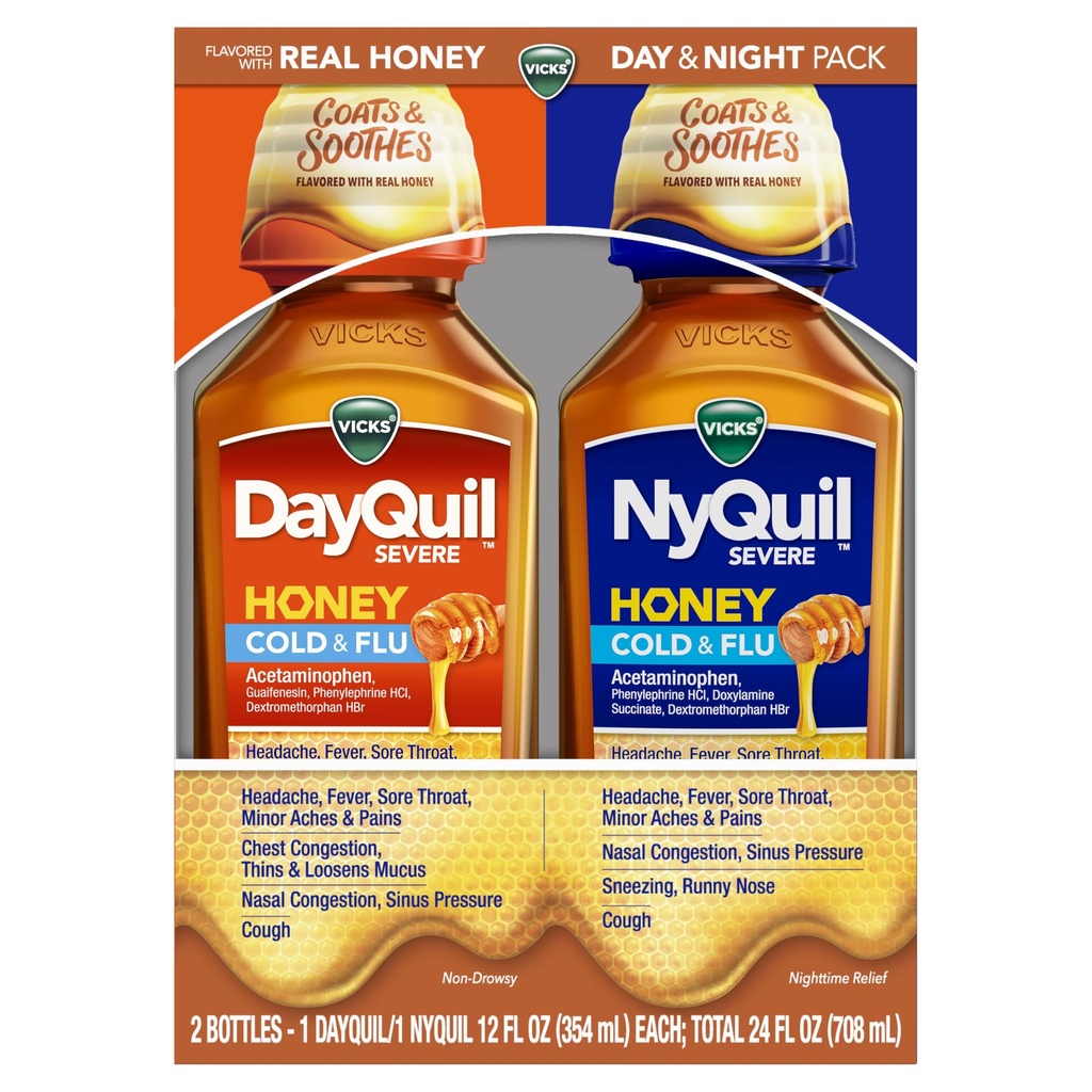 VICKS DayQuil & NyQuil Severe Honey Flavor Co-Pack, Cold & Flu Medicine, Soulage les maux de tête, fièvre, gorge douloureuse, douleurs et douleurs mineures, congestion nasale, pression sinusale, nez étouffant et toux, 2x12oz