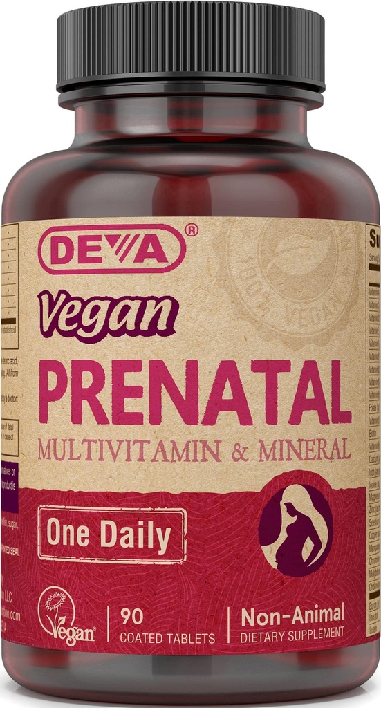 DEVA Vegan Prenatal Multivitamin und Mineralische Ergänzung - Einmal täglich Formel - Vitamine A, C, D, E, K, B Complex, mit Folate & Chelat Iron - 90 Coated Tablets, 1-Pack