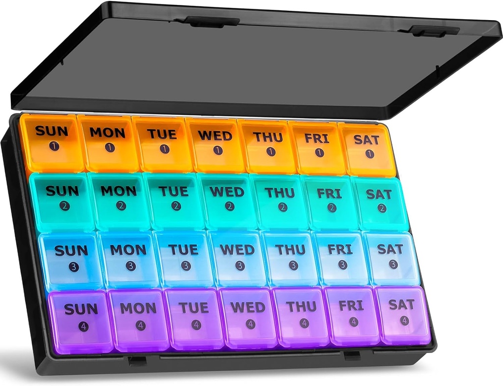 XL Large Monthly Pill Organizer 4 Settimane, 28 Day Pill Organizer Weekly, Big Compartment con Travel Case, 7 Day Pill Dispenser 4 volte al giorno, Medicine Organizer Box per Vitamin, Fish Oil (nero)