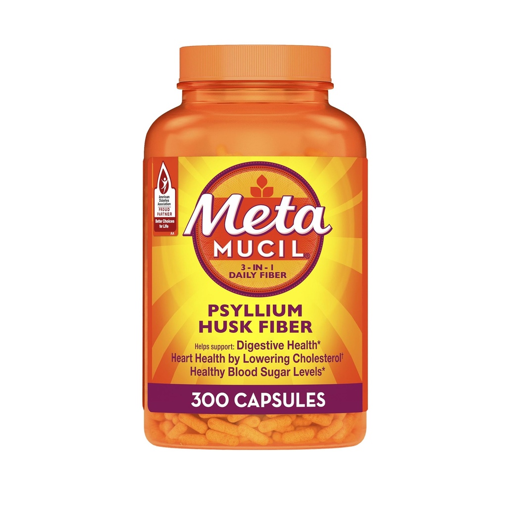 Métamucil, Psyllium Husk Capsules, 300 Capsules, 3-en-1 Supplément fibreux, Psyllium Husk Capsules fibreuses aide à soutenir la santé digestive en favorisant la régularité*, aide supplément apport quotidien fibre optique
