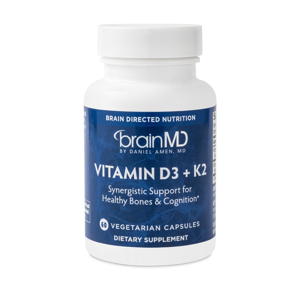 BRAINMD Vitamin D3 + K2-60 Kapseln - Synergistische Unterstützung für gesunde Knochen und Kognition - Glutenfrei - 60 Portionen