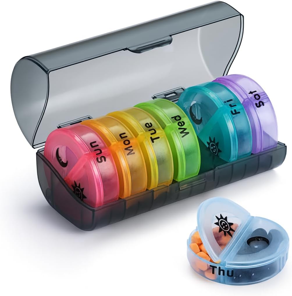 VIGOR PATH 7-Day Pill Organizer con due scomparti al giorno, Ideale per Pills/Vitamins/Fish Oil/Supplements Storage, BPA-Free e facile da pulire (nero - colorato)