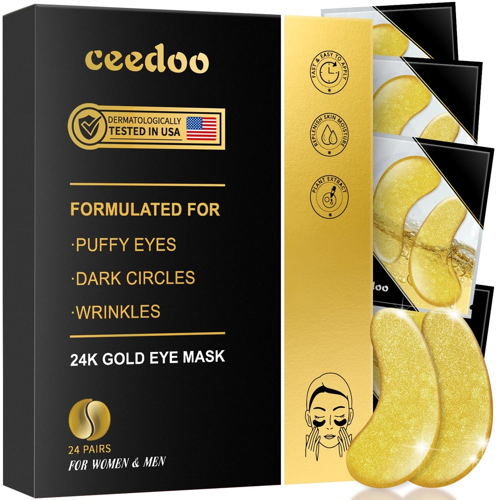 Unter Augenaufnäher - 24 Paare Gold Unter Augenmaske für Puffy Eyes, Dark Circles, Eye Bags, Falten, Kollagen Eye Gels mit Verjüngung Behandlung, Geschenke für Frauen