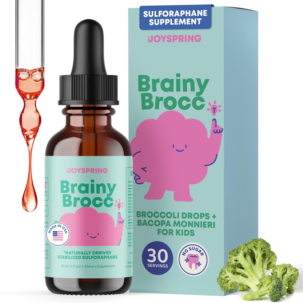JoySpring Broccoli Ergänzung für Kinder | Sulforaphane & Bacopa Monnieri Drops | Unterstützt kognitive Funktion | Vegan & Kid-Friendly
