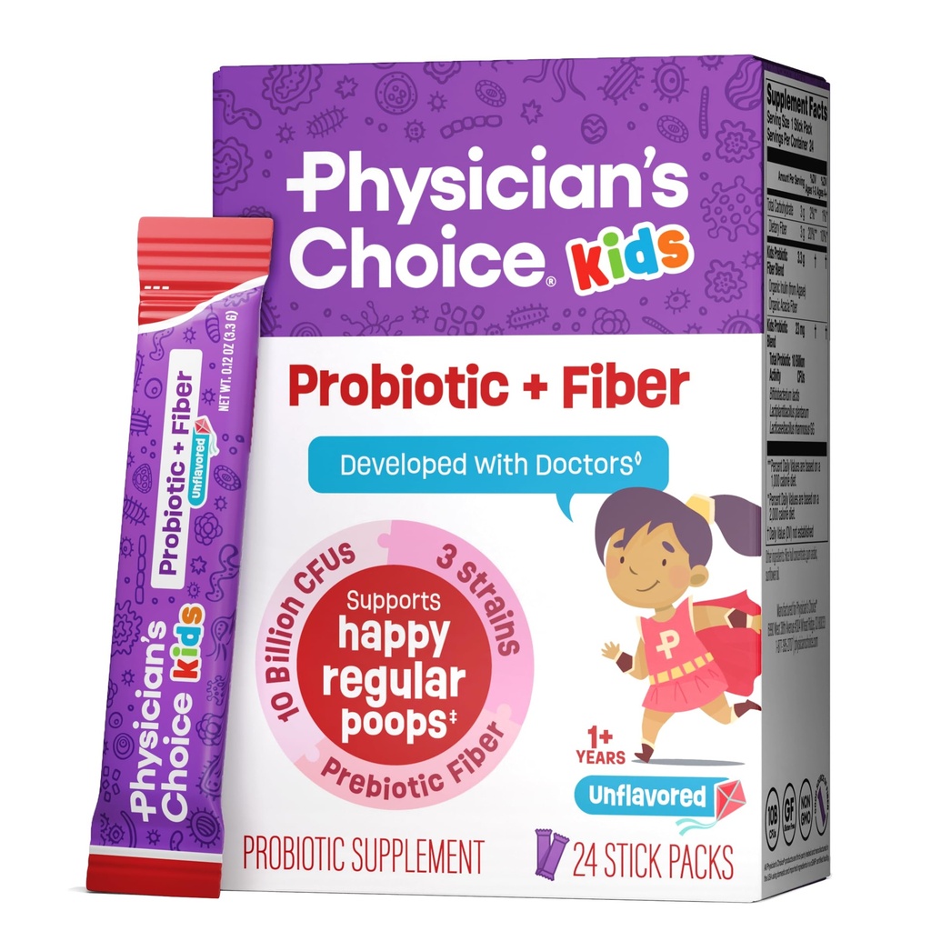 Physician's Choice Kids Probiotic + Prebiotic Fiber Packets (Ages 1+) - Supports Regularity, Occasional Constipation & A Healthy Digestive System - No Allergens or Preservatives - Unflavored - 24 Pack