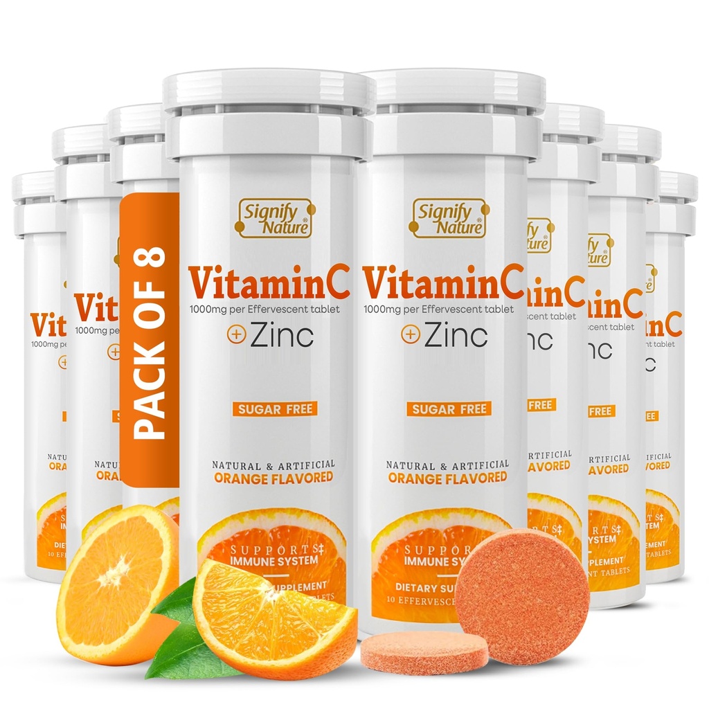 SIGNIFY NATURE Vitamina C 1000mg Effervescent Tablets - Potente supporto immunitario VIT C con supplemento di zinco - Zucchero-Free & Vegan Formula | Compresse di vitamina C dissolvibili - Elisir di fibra solubile dell'acqua - 80CT