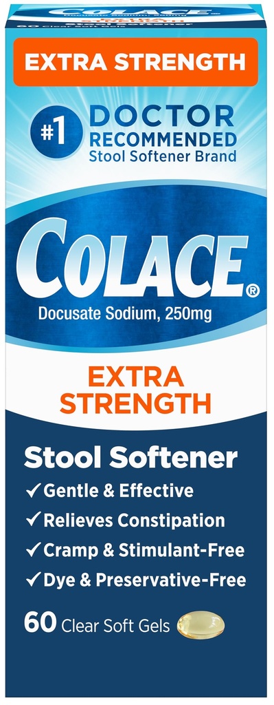 Colace Extra Strength Hocker Weichspüler für gentle Effective Constipation Relief, #1 Doctor Empfohlene Hocker Weichspüler Marke, 250 mg Docusate Capsules, 60 Count (Pack von 1)