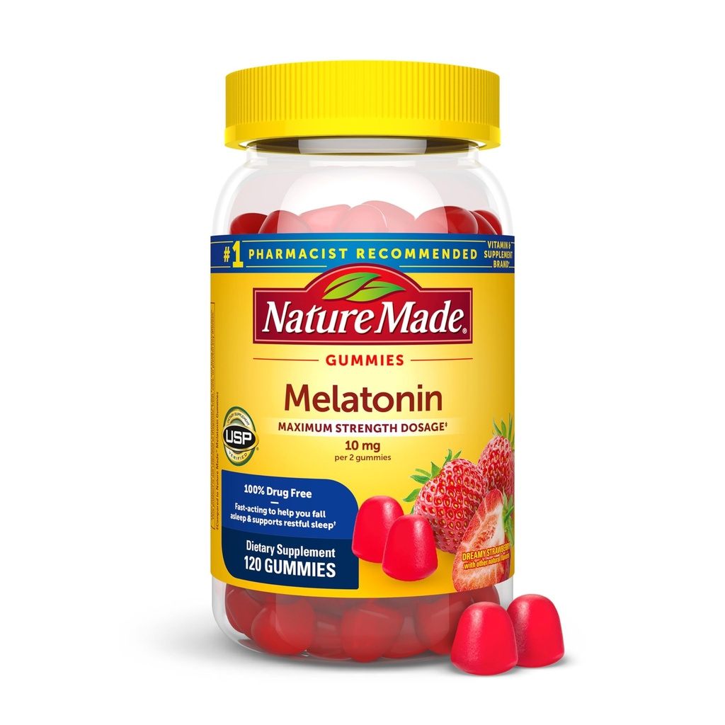 Natura Made Melatonin 10 mg per porzione Gummies, Gommie per adulti Dosaggio di massima resistenza, 100% Droga Dosaggio libero, 120 Conte, 60 giorni di alimentazione