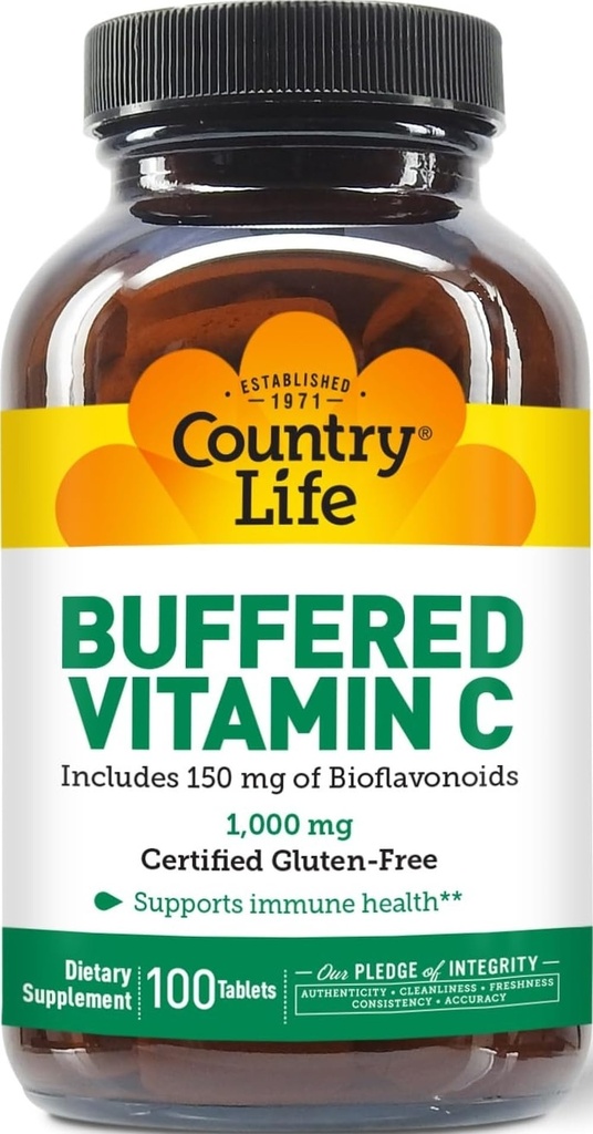 Country Life Gepuffertes Vitamin C 1000mg mit Bioflavonoiden, Calcium, Magnesium, Kalium - Immununterstützung, Vegan Capsules, Glutenfrei, Gentle on Stomach - 100 Tabletten